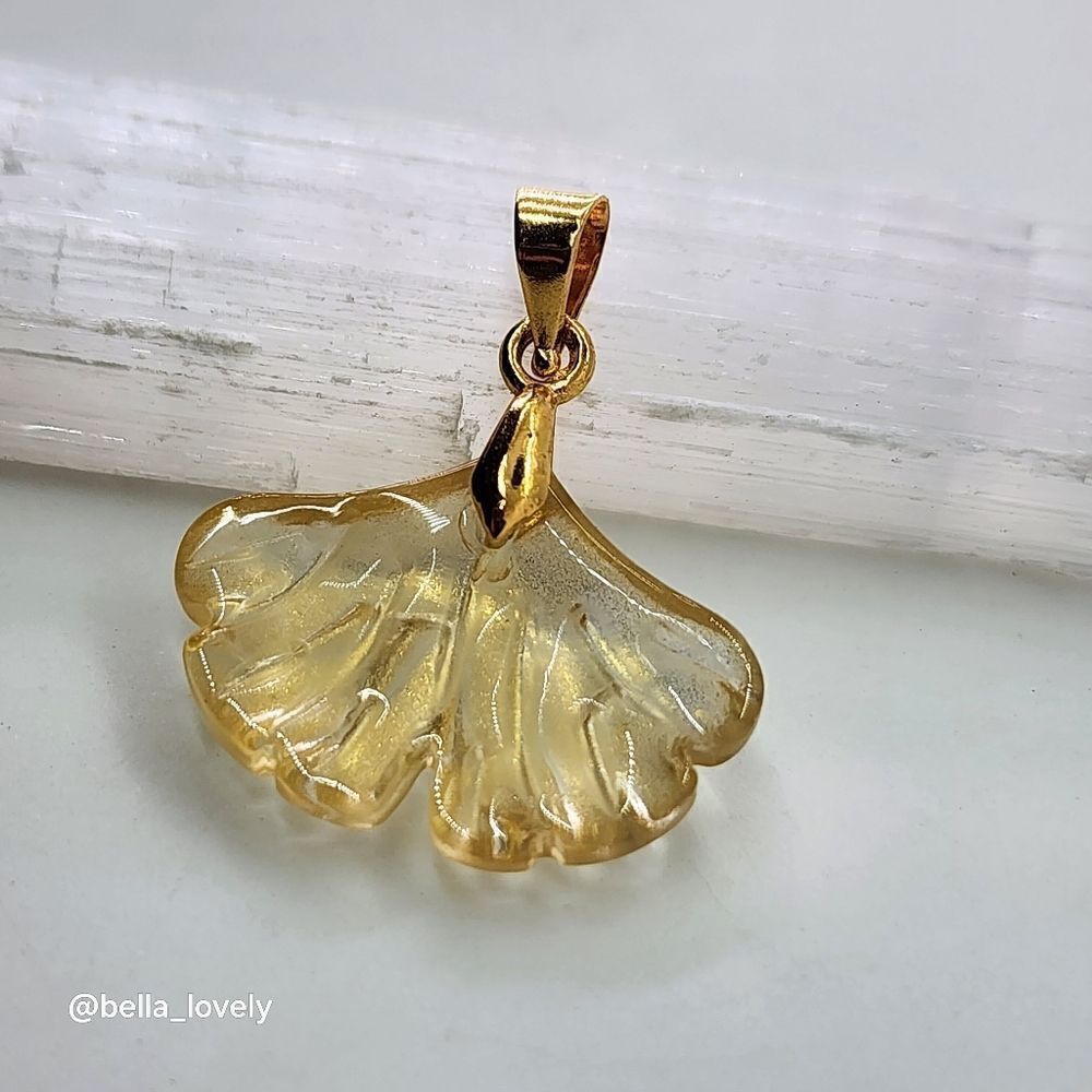 Dainty Carved Golden Quartz Ginko Leaf Handmade Pendant With Gold Toned Bail